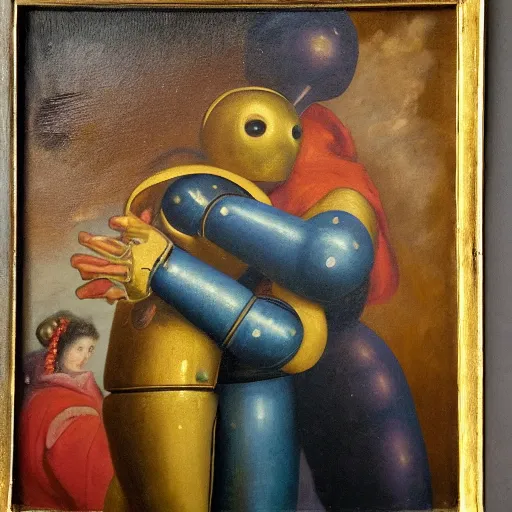 Image similar to renaissance era, oil painting of two robots hugging