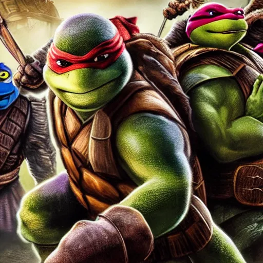 Prompt: Teenage Mutant Ninja Turtles in Vikings Digital art very detailed 4K quality Super Realistic