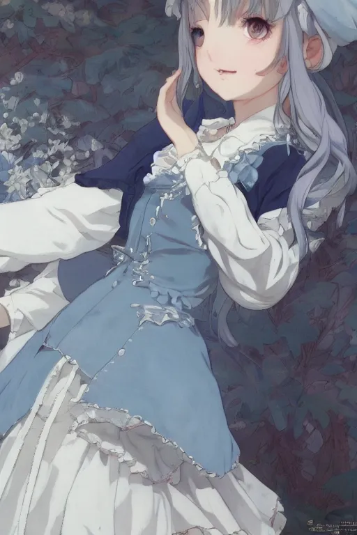 Image similar to a character design of a young lolita dressed girl, full body, grey and blue theme, wavy white long hair by krenz cushart and mucha and akihito yoshida and makoto shinkai and greg rutkowski, 4 k resolution