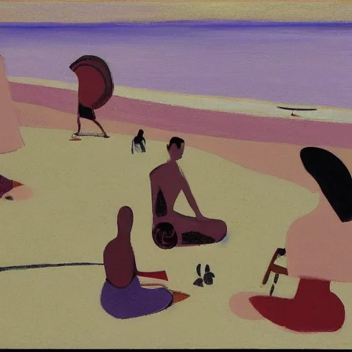 Image similar to A beautiful computer art of a group of people on a beach. The colors are muted and the overall tone is serene. The people are all engaged in different activities, from reading to playing games, and the artwork seems to be capturing a moment of peace and relaxation. pale violet, Aztec by Robert Motherwell, by Kitty Lange Kielland jaunty