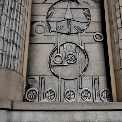 Prompt: a set of strange esotheric symbols on the outside wall at the entrance of a freemason temple