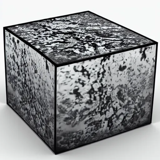 Image similar to 3 d floating cube made of reflective material with lichen growing on it, angled, high contrast, black background