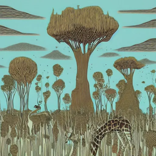 Image similar to safari on a surreal martian like world, strange unknown tall giraffe like creatures roaming the barren plains, woodblock, black fine lines on warm brown, by victo ngai, by stanley donwoood