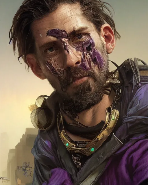 Prompt: '' Face portrait of a handsome scarred fighter, reptile skin, purple eyes, long hair with a ponytail , sci-fy, cyberpunk, high detail, 4k , digital painting, artstation, concept art, sharp focus, illustration, art by greg rutkowski and alphonse mucha ''