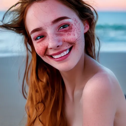 Image similar to beautiful serene intricate portrait of a cute thin young woman, red blush, cute freckles, smug smile, modern clothes, relaxing on the beach, golden hour, close up shot, soft focus, 8 k, art by irakli nadar, hyperrealism, hyperdetailed, ultra realistic