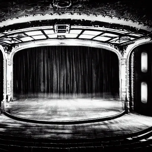 Image similar to a grainy photo of a shadowy figure in a birdcage on a large old abandoned theatre stage, black and white, motion blur, long exposure