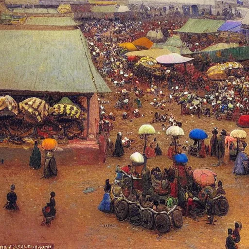 Prompt: dahomey officials holding flat colorful umbrellas in ahomey's huge main square, from above, 1905, highly detailed, oil on canvas, by ilya repin