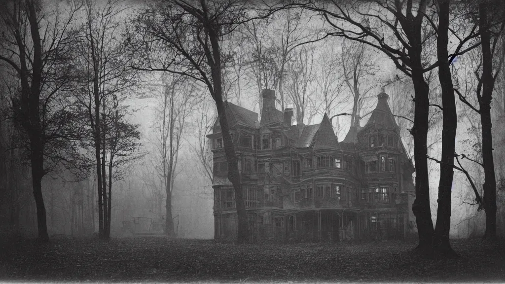 Prompt: An epic photo of a gloomy Victorian mansion in dark forest with hangman by Diane Arbus and Louis Daguerre. highly detailed. 85mm, Bokeh