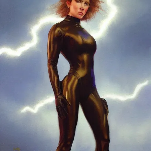 Image similar to a painting of a female wearing a skintight suit. by edward robert hughes and craig davison. trending on artstation, highly detailed, volumetric lightning