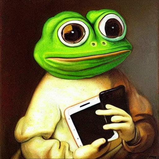 Prompt: a painting of Pepe the frog of 4chan holding an iPhone made by Rembrandt van Rijn