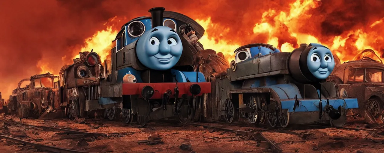 Image similar to Thomas the Tank Engine in the fiery Wasteland of MAD MAX: FURY ROAD