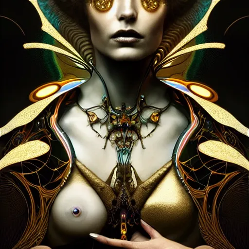 Image similar to extremely psychedelic beautiful cyborg queen of lsd infected by night. intricate, elegant, highly detailed, extremely lifelike photorealistic digital painting, artstation. steichen, gaston bussiere, tom bagshaw, cyberpunk alphonse mucha. elegant minimalism. anatomically correct. sultry rage. sharp focus. gold and black, white accents. lifelike