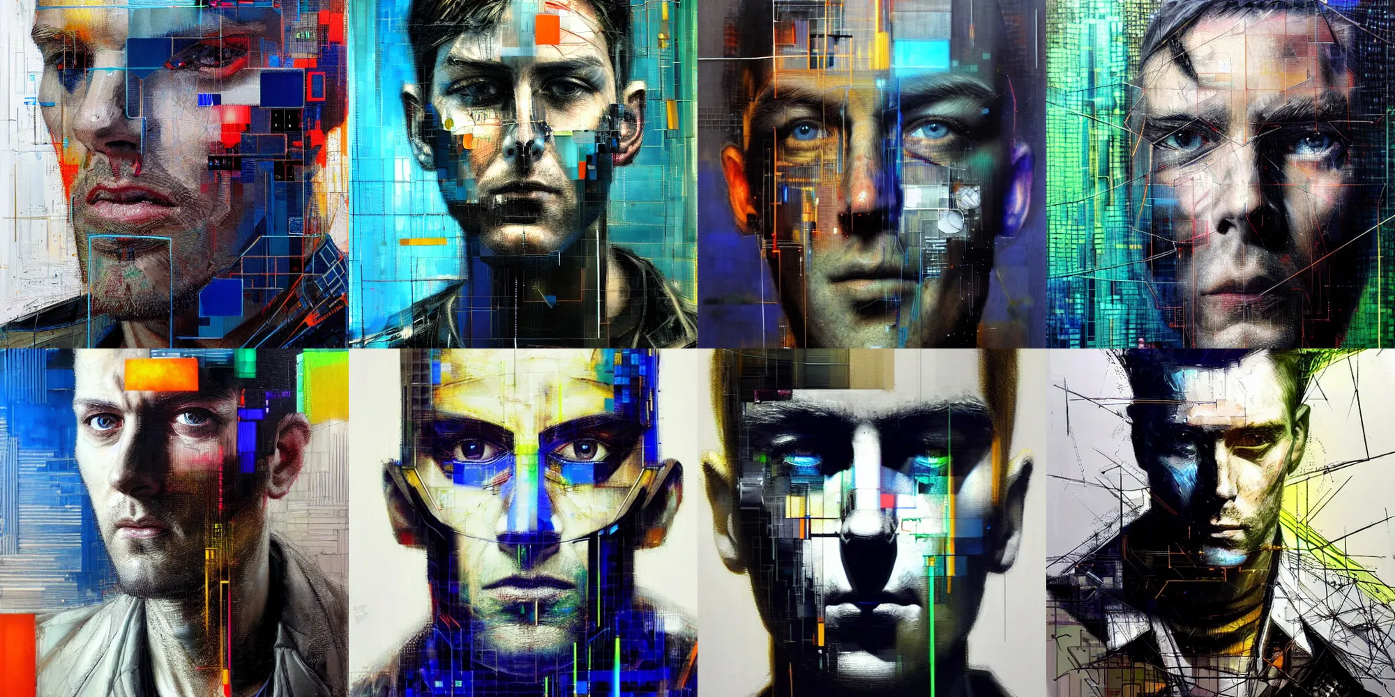 Prompt: hyperrealistic portrait of a cyberpunk man, by Guy Denning, Johannes Itten, Chevrier Sandra. network, lattice, glitch art, fine detail, polished, complex, hacking effects, digital tech effects, color blocking, acrylic on canvas, photorealistic, concept art, abstract, symmetrical, 8k, concept art, octane, trending on artstation