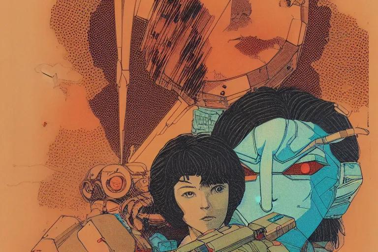 Image similar to risograph grainy drawing vintage sci - fi, satoshi kon color palette, gigantic gundam, 1 9 8 0, kodachrome, natural colors, comicbook spreadsheet, codex seraphinianus painting by moebius and satoshi kon and dirk dzimirsky close - up portrait