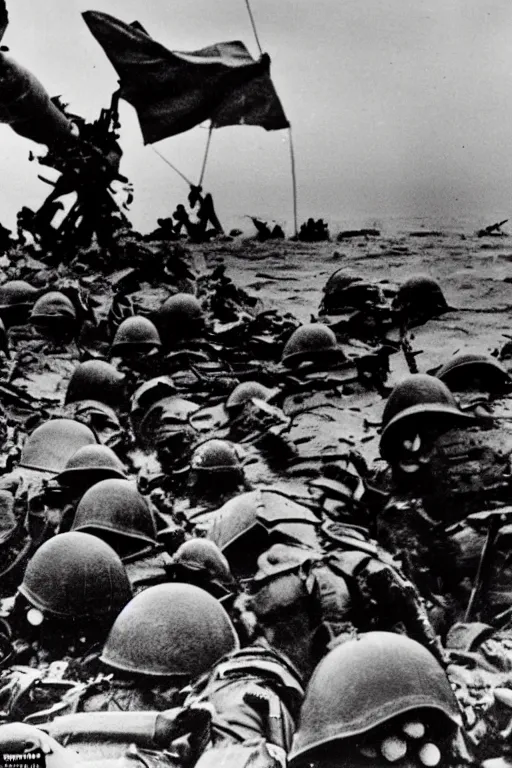 Image similar to an epic scene of elmo on the battlefield on d - day storming the beaches of normandy, wide - angle