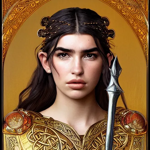 Prompt: head and shoulders portrait of a female knight, young dua lipa, golden etched armor, lord of the rings, celtic hair braid, eldritch ruby amulet, sylvan glade, by artgerm, alphonse mucha, face detail, sharp focus, high key lighting, vogue fashion photo
