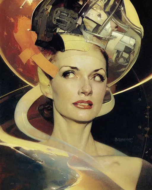 Prompt: head portrait of elegant striking mature space woman, dynamic, by norman rockwell, roberto ferri, daniel gerhartz, edd cartier, jack kirby, howard v brown, ruan jia, tom lovell, frank r paul, dean cornwell, astounding stories, amazing, fantasy, other worlds