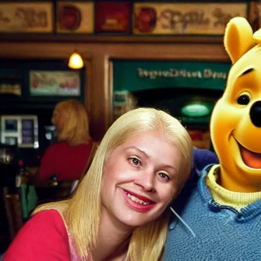 Image similar to winnie the pooh and a blonde woman enjoying a couple of pints in a pub together.