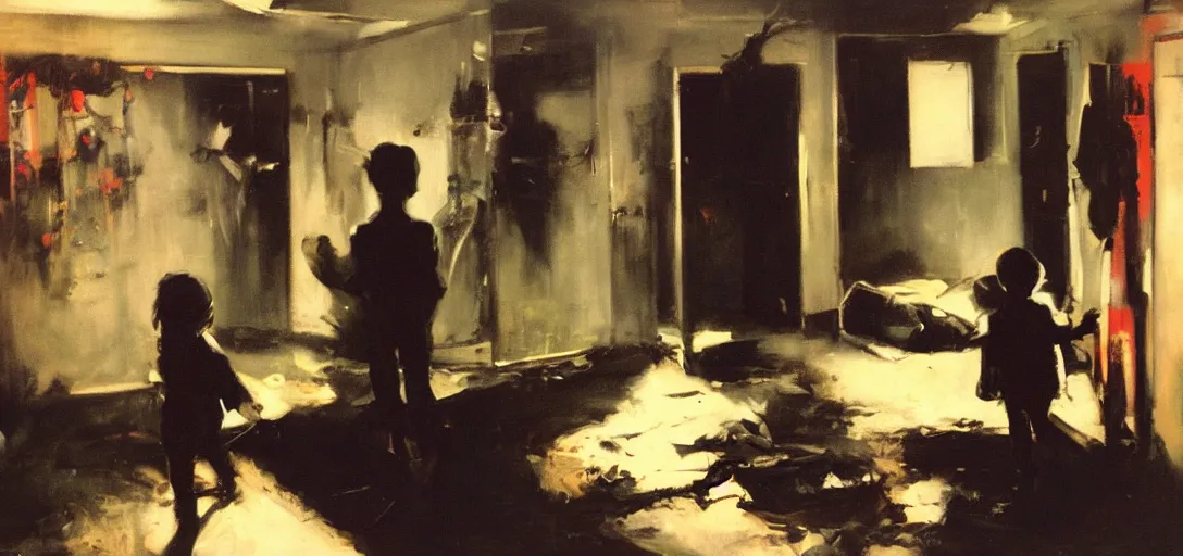 Prompt: a kid entering in a hoarder's room, dark atmosphere. by phil hale