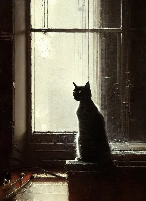 Image similar to a portrait of a cat inside a modern apartment, intricate oil painting, hyperdetailed, ethereal, cinematic, dramatic lighting, by jeremy mann and julius adam ii