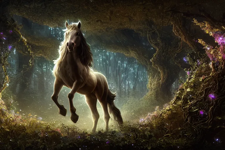 Image similar to a stunning horse made of stardust with a thick mane of bioluminescent vines and flowers running through the woods by greg rutkowski, high key lighting, volumetric light, digital art, highly detailed, fine detail, intricate, ornate, complex, octane render, unreal engine, photorealistic