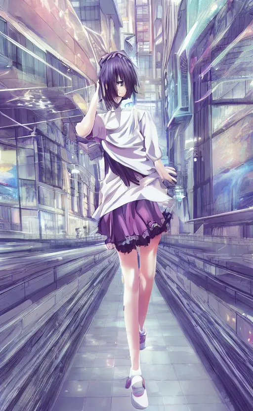 Image similar to a detailed anime girl walking towards the camera, extreme three point perspective, beautiful anime scene, professional digital art, 4k ultra