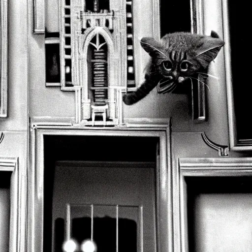 Image similar to detailed still of Ripley-Sigourney Weaver wearing a white singlet and cat Jonesy moving apartment New York City 1983, gothic building entrance way Art Deco, style of H.R. Giger, cinematic feel, high octane