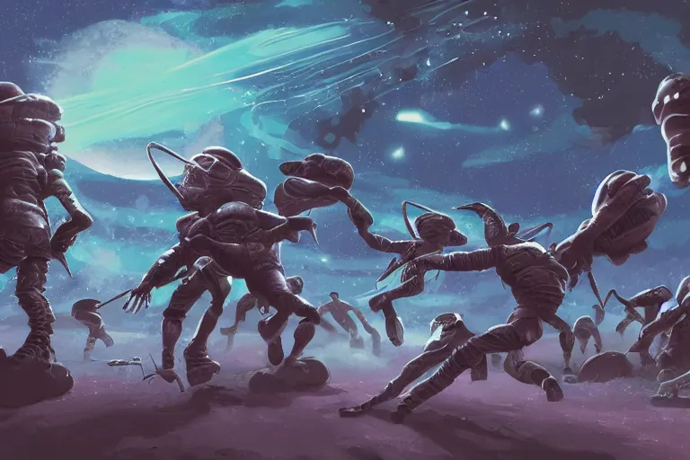 Prompt: One human fighting barehanded against an alien horde, digital art, space