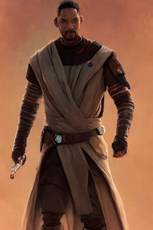 Image similar to will smith as a star wars jedi knight, cinematic lighting, highly detailed, concept art, art by wlop and artgerm and greg rutkowski, masterpiece, trending on artstation, 8 k