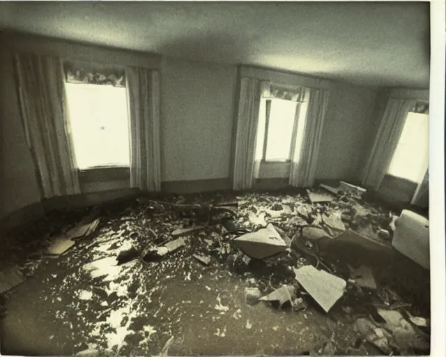 Prompt: An award winning photo of 1970's living room abandoned after a flood, 4k, color Polaroid photo