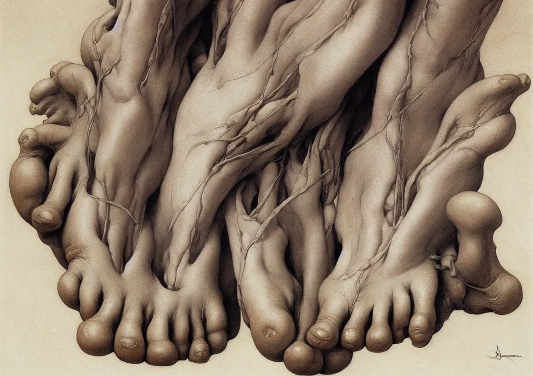 Image similar to human foot artists anatomy in the style of wayne barlowe, gustav moreau, goward, bussiere, roberto ferri, santiago caruso, luis ricardo falero, dali