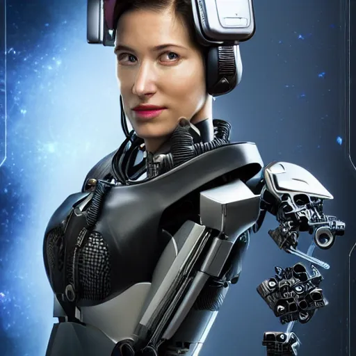 Prompt: portrait of a female cyborg character, chrome, vr headset, wires, side profile, in style of a magic the gathering trading card with high details