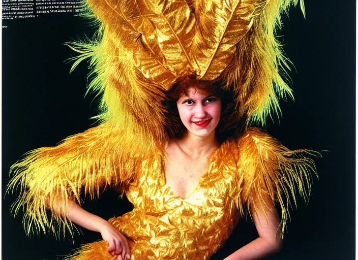 Prompt: realistic photo of the sleeping person, wearing a golden leaf feathers fluffy fur carnival costume. 1 9 9 0, life magazine reportage photo