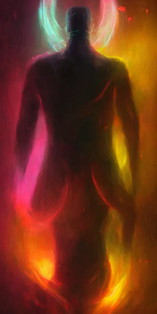 Image similar to an elegant portrait of a man with void in his heart, deep rich colors, 4 k, award winning, blur, minimalistic, neon, surrealism, unreal engine 5, high detail, ryan jia, frank frazetta, john alvin, gatson bussiere, kutsuya terada,