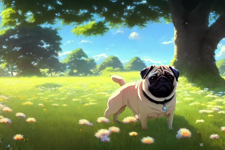 Prompt: a happy pug, single subject, peaceful flower meadow with some trees in the background, scenic full shot, ambient lighting, detailed face, by makoto shinkai, stanley artgerm lau, wlop, rossdraws