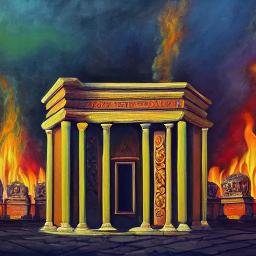 Image similar to a beautiful, detailed, and realistic oil painting of the Temple of Solomon in flames