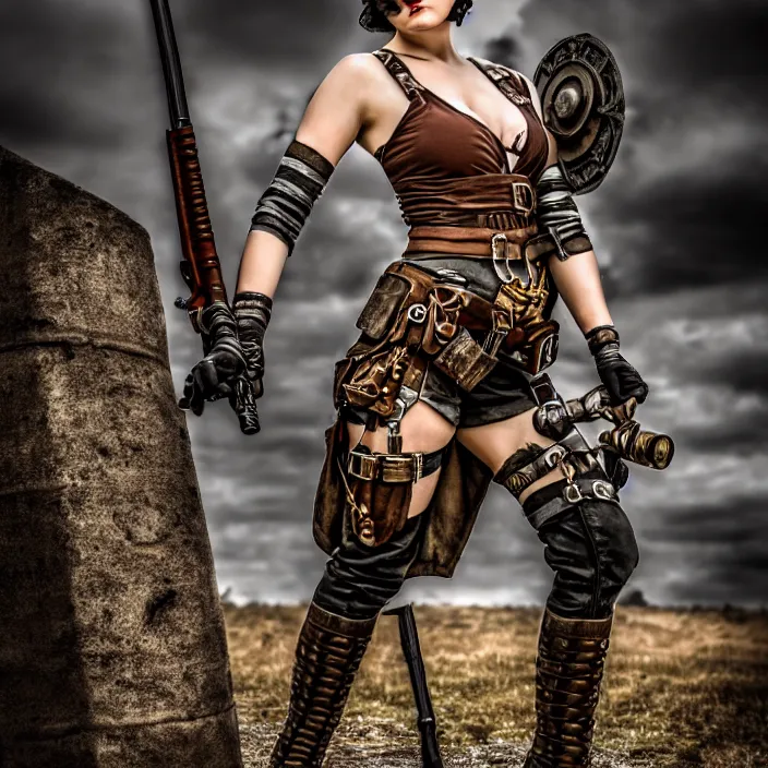 Image similar to full length photo of a very beautiful female dieselpunk warrior with weapons, 8 k, hdr, smooth, sharp focus, high resolution, award - winning photo