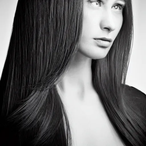 Prompt: 45° left-facing profile portrait of a typical person with waist-length incredible hair, gelatin silver finish, nd4, 85mm, perfect location lighting