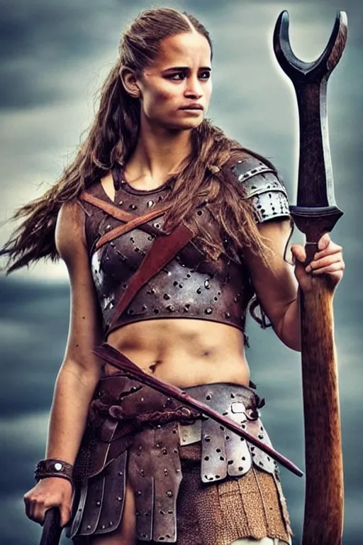 Prompt: gorgeous!! hyper - realistic woman resembling alicia vikander as a viking warrior wielding a giant axe