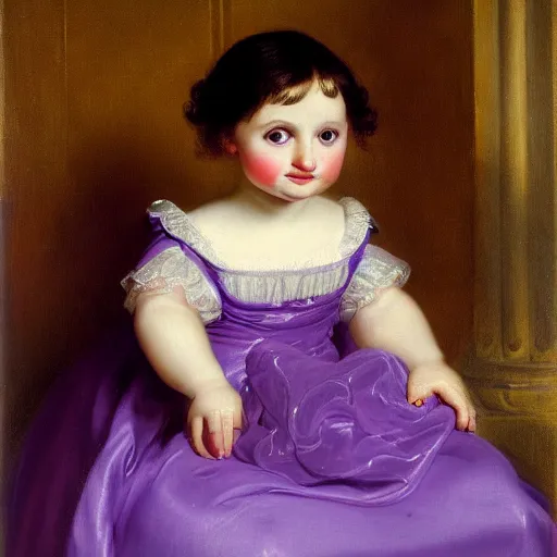 Image similar to portrait of a german toddler princess sitting down in a silk lavender gown, circa 1 8 3 7, by carl joseph begas, highly detailed, beautiful, oil on canvas, 1 8 3 0 s, romanticism