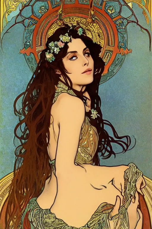 Image similar to portrait of monica belucci from the movie malena, artwork by alphonse mucha