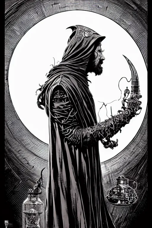 Image similar to side view of a cloaked ancient alchemist steampunk wizard casting a spell, high details, lineart, by vincent di fate and joe fenton,, inking, screen print, masterpiece, trending on artstation, sharp, high contrast, hyper - detailed, hd, 4 k, 8 k