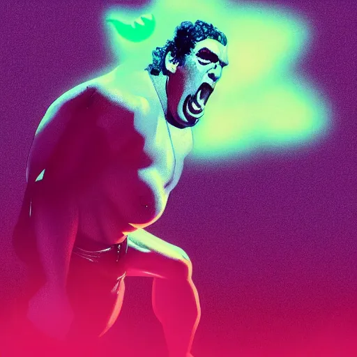 Prompt: synthwave andre the giant getting leggdropped by synthwave hulk hogan in the synthwave pontiac silverdome infront of 1 million screaming wynthwave hulkamaniacs, brother. High res, lens flare, neon and fog