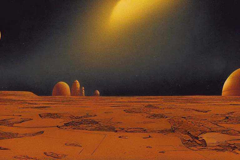 Prompt: a martian landscape, by ralph mac quarrie and francois schuiten and albert bierstadt and james jean, cinematic lighting, moody atmosphere, golden ratio, perfect composition, elegant and delicate, concept art, high quality