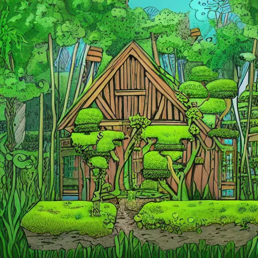 Prompt: A cartoon illustration of an overgrown house in a lush forest, detailed, depth