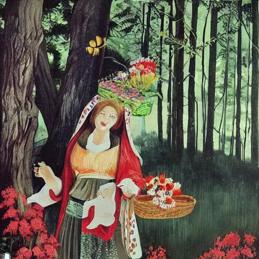 Image similar to In the painting Vasilisa can be seen standing in the forest, surrounded by animals. She is holding a basket of flowers in one hand and a spindle in the other. Her face is turned towards the viewer, with a gentle expression. In the background, the forest is depicted as a dark and mysterious place. by Go Nagai, by Michael Cheval realist, imposing