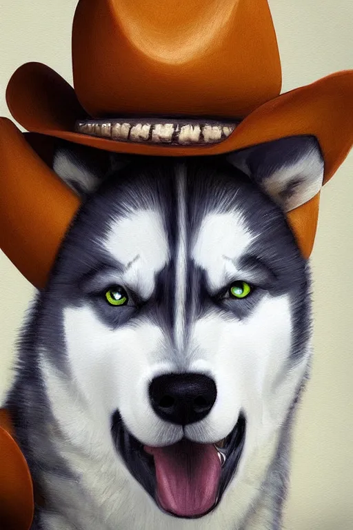 Image similar to a portrait painting of a husky in cowboy costume, wearing a cowboy hat, character design, trending on artstation