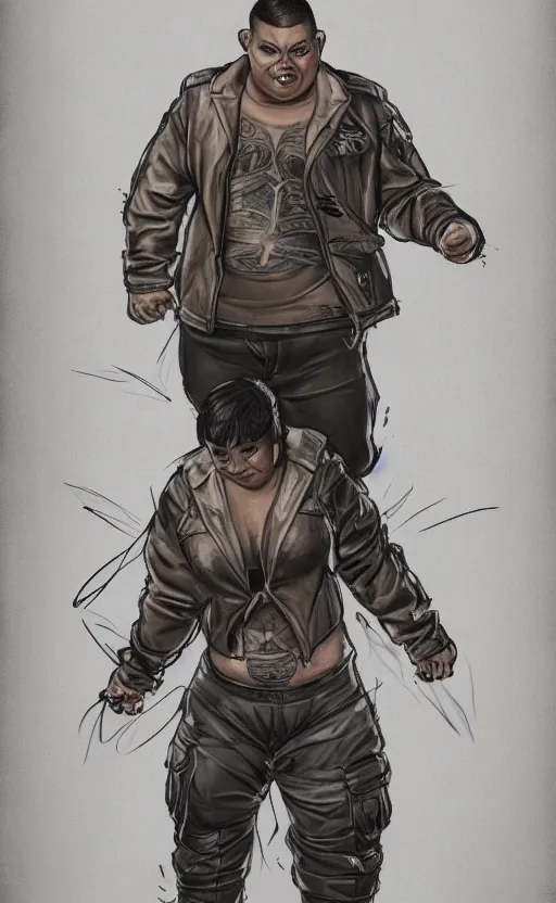 Prompt: concept art of a masculine stocky buff fat filipino woman wearing leather jacket, cargo pants, tattoos, clothed!!!! buzzcut, snarl, badass, trending on art station