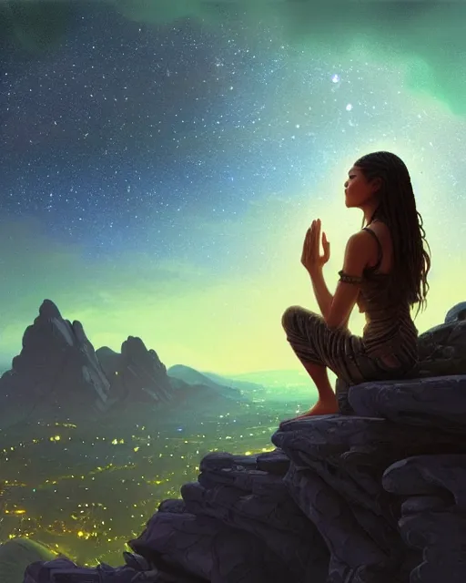 Image similar to zendaya with closed eyes meditating on a mountain cliff by night, lit village in the distance, stars milky way sky, deep focus, D&D, fantasy, intricate, elegant, highly detailed, digital painting, artstation, concept art, matte, sharp focus, illustration, hearthstone, art by Artgerm and Greg Rutkowski and Alphonse Mucha