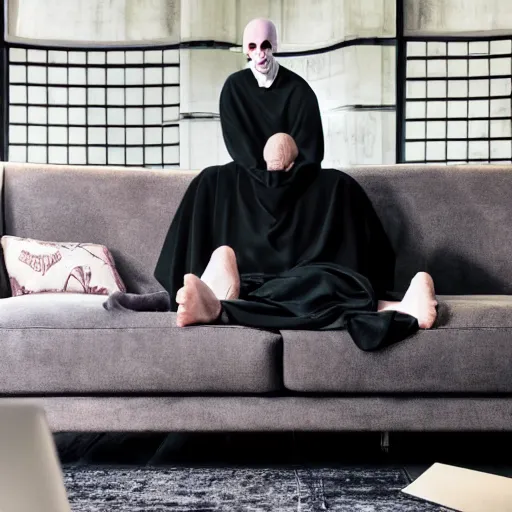 Image similar to Voldemort watching a twitch stream in a sofa, photoshoot